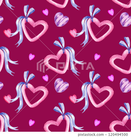 Watercolor seamless pattern of valentine day theme with hearts, heart shape ribbons tied with a bow, hand draw illustration, pink and lilac color on purple background for party and event decoration 120494500