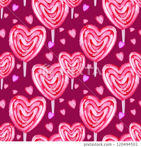 seamless pattern of valentine day theme with different watercolor hearts, sweets, lollipops, candies, hand draw illustration, pink, magenta color sketch, purple background for party decoration seamless pattern of valentine day theme with different watercolor hearts, sweets, lollipops, candies, hand draw illustration, pink, magenta color sketch, purple background for party decoration 120494501