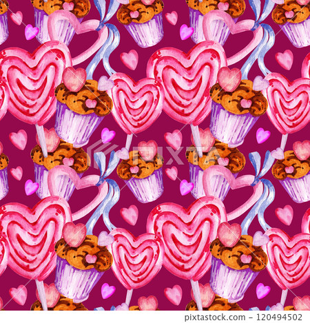 seamless pattern of valentine day theme with different watercolor hearts, sweets, lollipops, candies, muffins, hand draw illustration, pink, lilac color sketch, purple background for party decoration seamless pattern of valentine day theme with different watercolor hearts, sweets, lollipops, candies, muffins, hand draw illustration, pink, lilac color sketch, purple background for party decoration 120494502