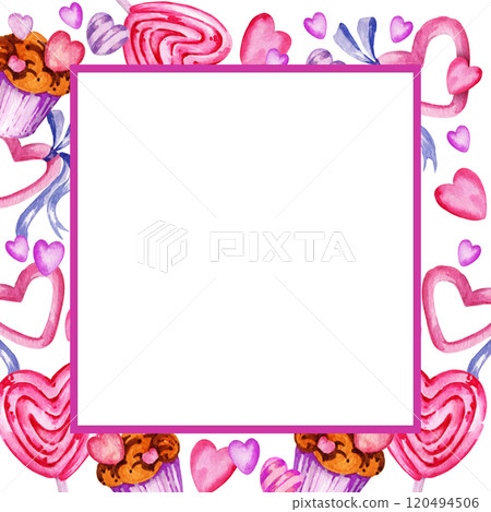 white square frame for valentine day with different hearts, candy, sweets, ribbons and muffins, watercolor hand draw illustration on purple background, pink and lilac color frame for party decoration 120494506