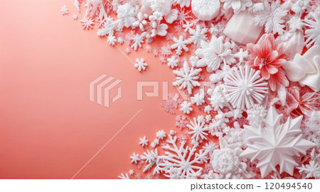 White snowflakes holiday ornaments background Christmas celebration copy space White snowflakes holiday ornaments background Christmas celebration copy space 120494540