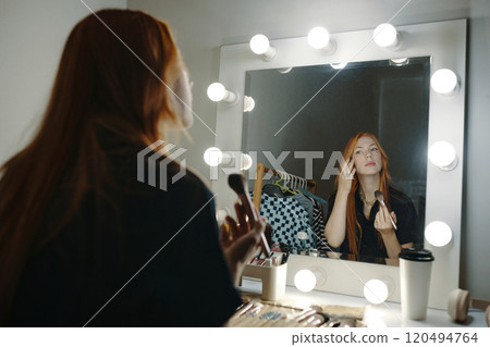 Applying Makeup in Dressing Room with Mirror Lights Applying Makeup in Dressing Room with Mirror Lights 120494764