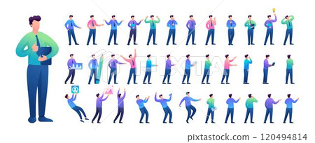 Set of Young Man. Presentation in various in various poses and actions. 2D Flat character vector illustration N10 120494814