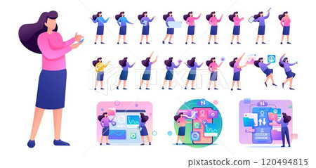 Set of Young Woman. Presentation in various in various poses and actions. 2D Flat character vector illustration N12 120494815