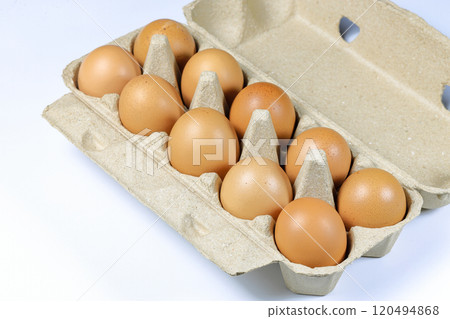 raw of chicken eggs in egg box Made from recycle material in nature light. 120494868