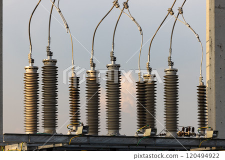 High voltage post, High voltage tower, show with high voltage construction and power lines. High voltage post, High voltage tower, show with high voltage construction and power lines. 120494922