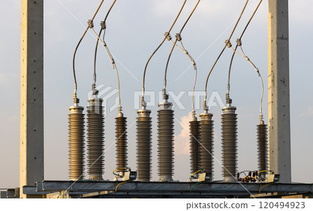 High voltage post, High voltage tower, show with high voltage construction and power lines. 120494923