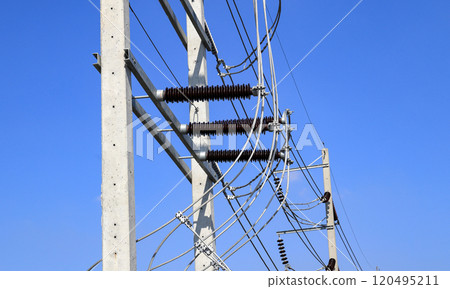 High voltage post, High voltage tower, show with high voltage construction and power lines. High voltage post, High voltage tower, show with high voltage construction and power lines. 120495211