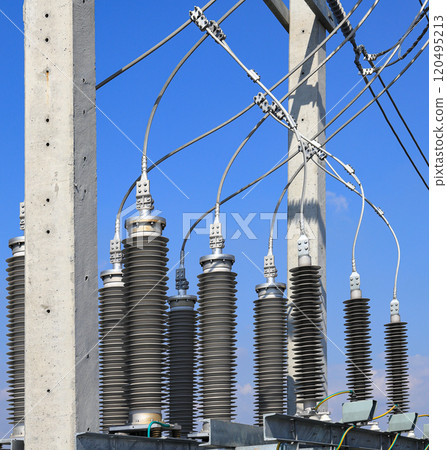 High voltage post, High voltage tower, show with high voltage construction and power lines. High voltage post, High voltage tower, show with high voltage construction and power lines. 120495213