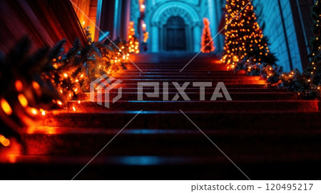 Festively decorated staircase glowing warm string lights Christmas garlands 120495217