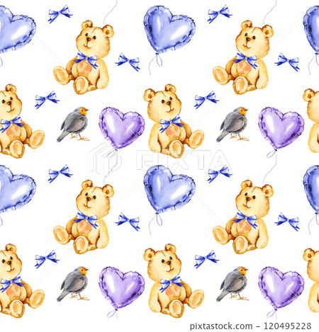 watercolor seamless pattern with cute red breasted bird, funny bear toy, blue and lilac foil air balloons in a heart shape, blue ribbon bow, hand drawn illustration for valentine's day, birthday party 120495228