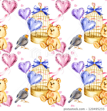 watercolor seamless pattern with golden bird cage, cute bird, funny bear toy, blue, pink, lilac foil air balloons in a heart shape, hand drawn illustration for valentine's day, birthday, kid's party 120495233