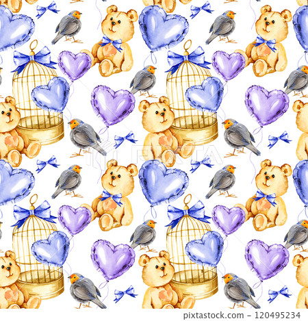 watercolor seamless pattern with golden bird cage, cute bird, funny bear toy, blue and lilac foil air balloons in a heart shape, hand drawn illustration for valentine's day, birthday and kid's party watercolor seamless pattern with golden bird cage, cute bird, funny bear toy, blue and lilac foil air balloons in a heart shape, hand drawn illustration for valentine's day, birthday and kid's party 120495234