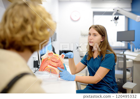 The otolaryngologist explains to the patient about his illness at the appointment. A professional ENT doctor demonstrates a model of the human nose. Treatment of inflammation disease of nose. 120495332