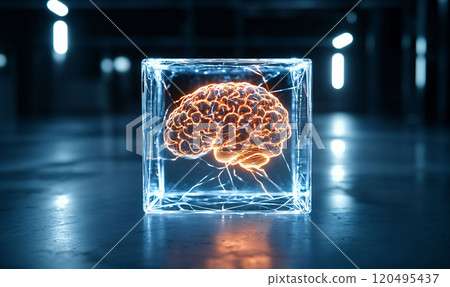 AGI Glass cube with glowing neural network inside 120495437