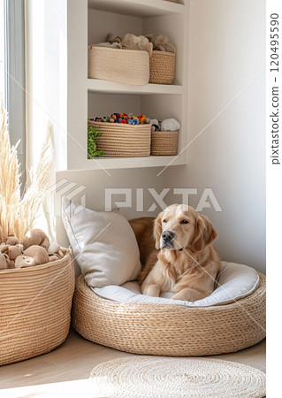 Golden Retriever Resting in Stylish Pet Bed Golden Retriever Resting in Stylish Pet Bed 120495590