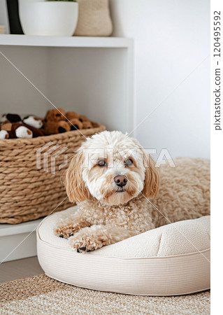 Adorable dog resting on a plush pet bed Adorable dog resting on a plush pet bed 120495592