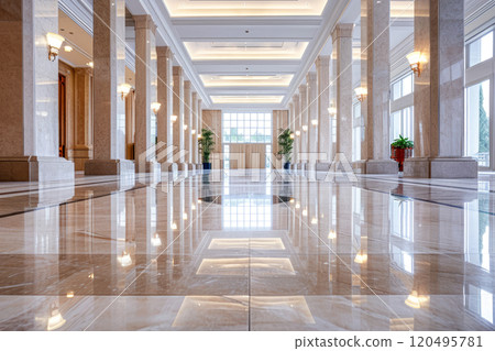Interior of modern luxury lobby of commercial building, clean shiny floor in hall after professional care, perspective view. Concept of marble tile, hallway, business, office, corporate 120495781