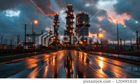 Oil and gas refinery plant or petrochemical industry, road to factory at night. Perspective view of chemical petroleum industrial buildings and sky. Concept of power, steel, energy, 120495819