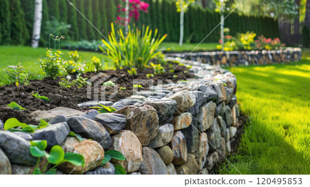 Beautiful terraced home garden, landscaped backyard with retaining walls in summer. Concept of landscaping, design, flower, stone, nature 120495853