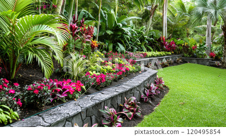 Tropical home garden, landscaped house backyard with retaining walls in summer. Concept of landscaping, design, flower, stone, nature 120495854