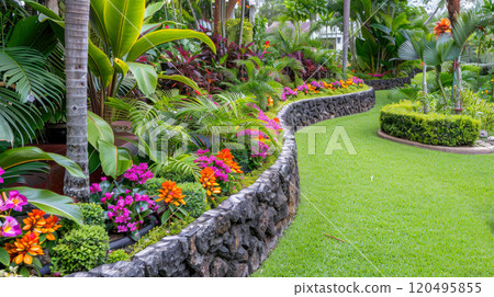 Stone retaining wall in home garden, landscaping of backyard with green tropical plants and flowers. Theme of summer, nature, landscape, terrace, palm trees 120495855