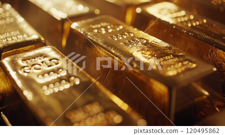 Gold bars background, many golden bricks in factory, shiny ingots or blocks close-up. Concept of money, wealth, finance, bullion, trade, industry 120495862