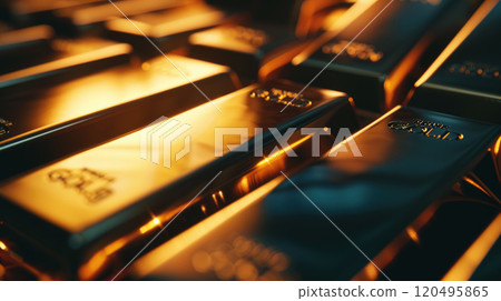 Gold bars close-up, shiny golden ingots in vault, much money bricks in dark room. Concept of luxury blocks, wealth, finance, trade, background. 120495865