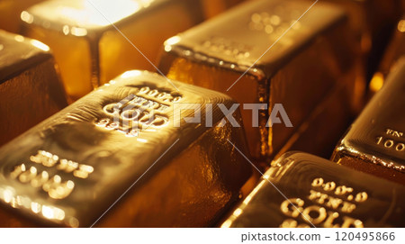 Gold bars background, many golden ingots in bank vault, shiny bricks or blocks close-up. Concept of money, wealth, finance, trade and reserve 120495866