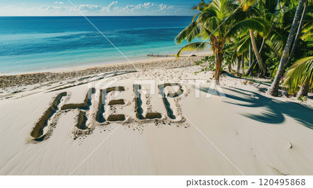 Deserted beach of uninhabited tropical island, sand with inscription HELP from lost in sea. Aerial view of empty ocean shore. Concept of shipwreck, travel, castaway, message Deserted beach of uninhabited tropical island, sand with inscription HELP from lost in sea. Aerial view of empty ocean shore. Concept of shipwreck, travel, castaway, message 120495868