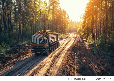 Logging trucks loaded with timber driving through a sunlit forest, copyspace for advertisement. 120495987
