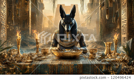 Representation of the Egyptian god of the afterlife in an ancient temple adorned with treasures and golden artifacts Representation of the Egyptian god of the afterlife in an ancient temple adorned with treasures and golden artifacts 120496424