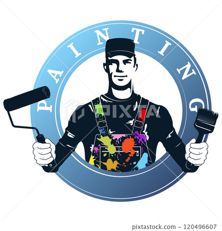 Painter with brush and roller in hands, symbol for painting Painter with brush and roller in hands, symbol for painting 120496607