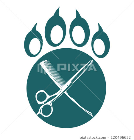 Pet paw and scissors with comb symbol Pet paw and scissors with comb symbol 120496632