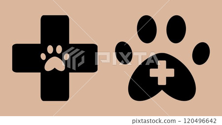 Veterinary Care Icon. Animal's paw on background of medical cross. First aid to pets. Animal care 120496642