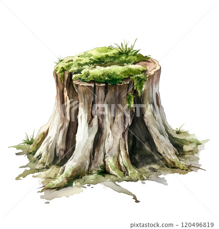 Watercolor Illustration of a Tree Stump Covered with Moss, Rustic Nature Design on Transparent Background Watercolor Illustration of a Tree Stump Covered with Moss, Rustic Nature Design on Transparent Background 120496819