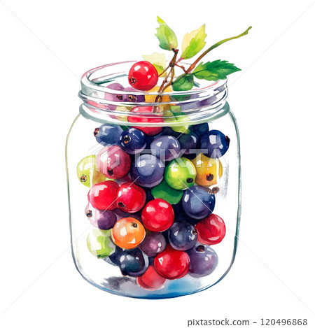 Watercolor Illustration of a Jar Filled with Colorful Berries, Artistic Food Design on Transparent Background 120496868