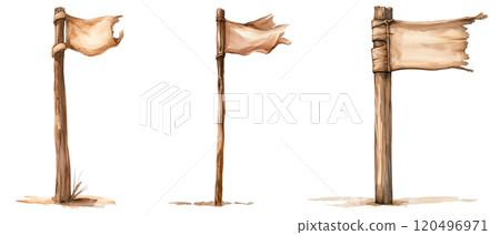 Watercolor Illustration of a Tattered Flag on a Wooden Pole, Rustic Fantasy Design on Transparent Background 120496971