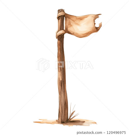 Watercolor Illustration of a Tattered Flag on a Wooden Pole, Rustic Fantasy Design on Transparent Background 120496975