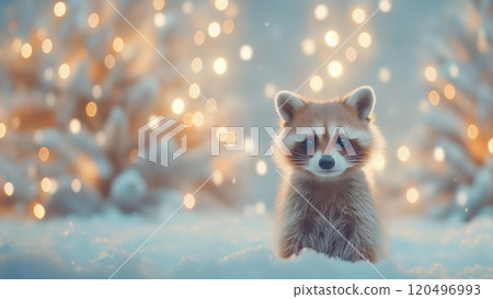 A raccoon is quietly sitting in the soft snow while gazing at the camera, copy space 120496993