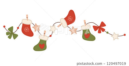 Christmas Retro Handmade decoration garland. Vintage sewn toys red and green Xmas stockings, star and bow. Vector illustration. Holiday decor on white background. 120497019