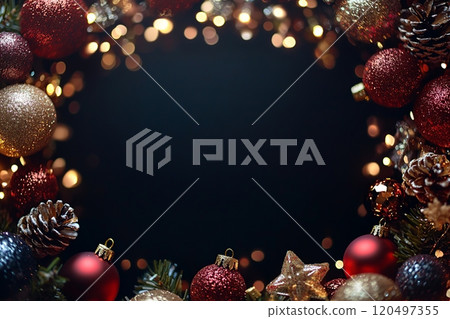 Christmas Ornaments and Pine Cones on Dark Background 120497355