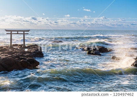 The torii gate of Isosaki Shrine on the seaside of Oarai Beach in Ibaraki Prefecture The torii gate of Isosaki Shrine on the seaside of Oarai Beach in Ibaraki Prefecture 120497462