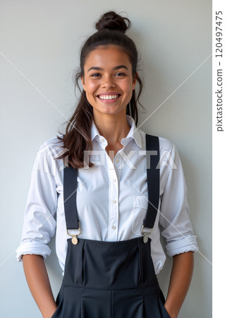 Smiling young woman wearing a white shirt and black overalls, posing confidently indoors Smiling young woman wearing a white shirt and black overalls, posing confidently indoors 120497475