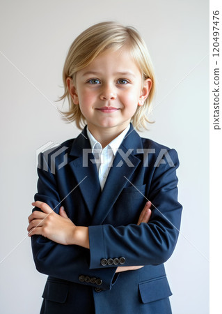 Young boy in a suit smiles confidently with arms crossed in a modern indoor setting Young boy in a suit smiles confidently with arms crossed in a modern indoor setting 120497476