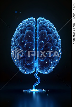A glowing blue digital brain with neural connections against a dark background A glowing blue digital brain with neural connections against a dark background 120497478