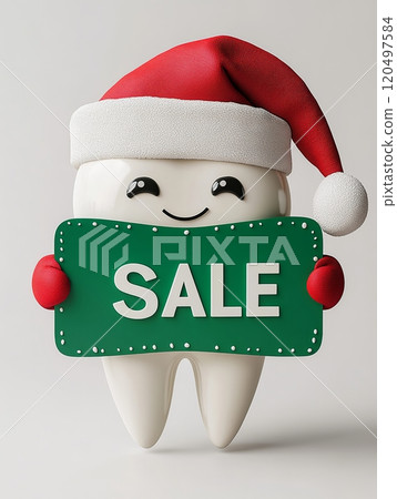 Smiling Tooth with Santa Hat and Sale Sign Smiling Tooth with Santa Hat and Sale Sign 120497584