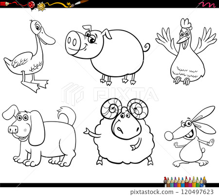 cartoon farm animals characters set coloring page 120497623