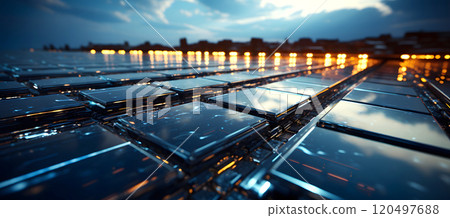 solar energy panels in a field at sunset. renewable energy concept. ecology. energy industry 120497688