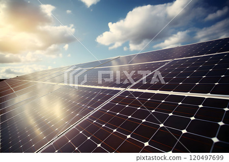 solar energy panels in a field at sunset. renewable energy concept. ecology. energy industry 120497699